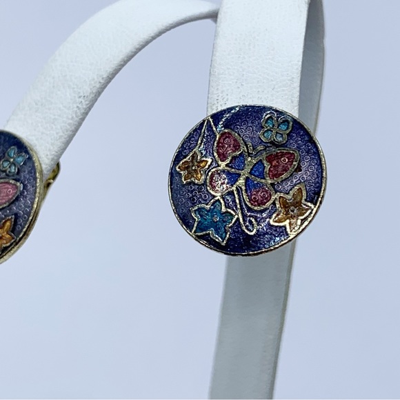 Vintage champleve enamel butterfly clip on earrings - Picture 6 of 9